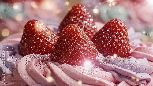 Close-up of bright red strawberries perched atop pastel pink and purple swirled frosting decorations