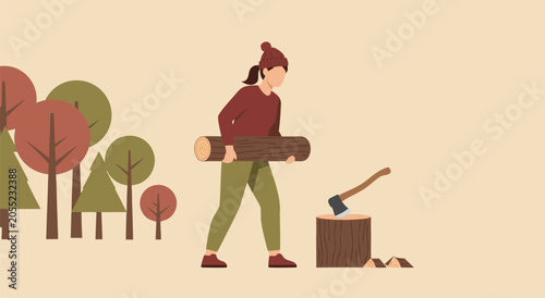 Valokuva Woman Carrying Wood Log in Forest Vector Illustration for Camping and Outdoors A