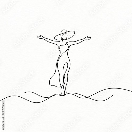 Abstract minimalist woman with open arms line art. Continuous single line vector drawing of a girl in a hat enjoying freedom on a wavy horizon line. Hand drawn without artificial intelligence, vector 