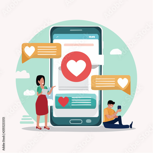 Social Media Interaction with Hearts and Chat Bubbles