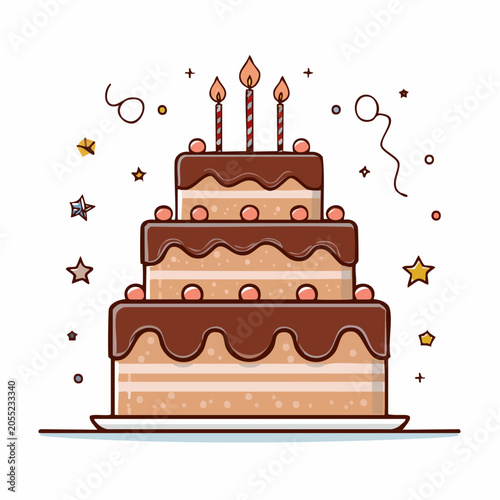 Three-Tier Chocolate Birthday Cake with Candles and Confetti