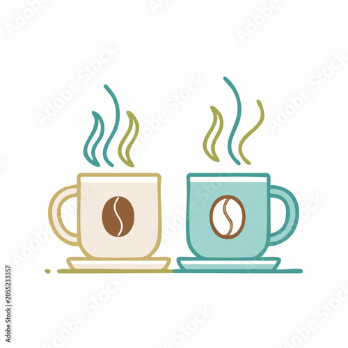 Two steaming cups of coffee with coffee beans illustration