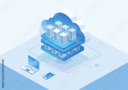Isometric cloud server hosting with mobile devices illustration