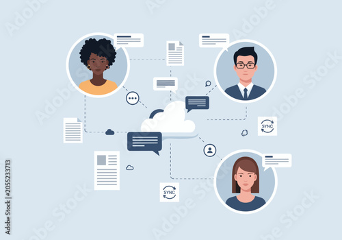 People connecting through cloud computing and data sharing network.
