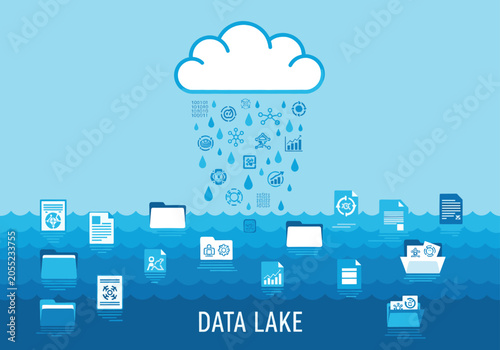 Cloud raining digital files into a blue data lake ocean.