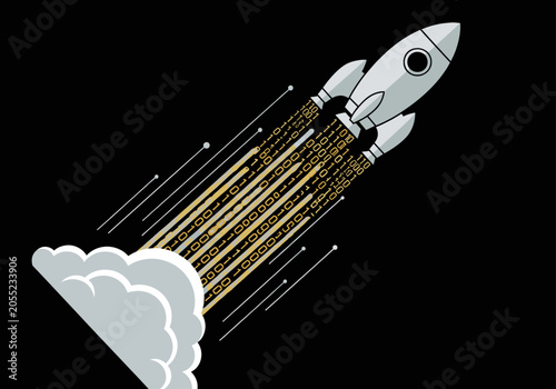 Rocket ship launching with trailing digital data stream.