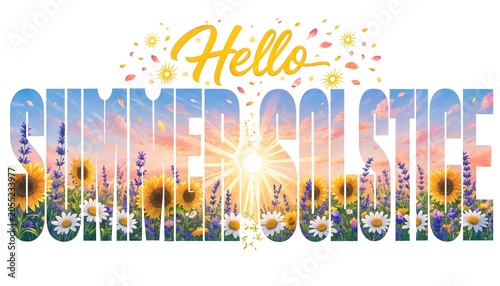 Text Hello Summer Solstice Overlayed With Scenic Sunflower and Lavender Field And Sky