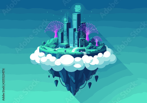 Futuristic floating city island on a cloud in sky.