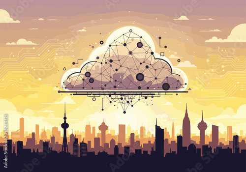 Digital cloud data network over city skyline at sunset.