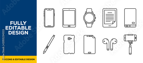 Foto Modern gadgets mobile hardware flat line art vector icon bundle illustration des