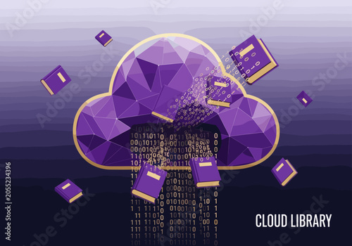 Digital cloud library with flying books and binary code.