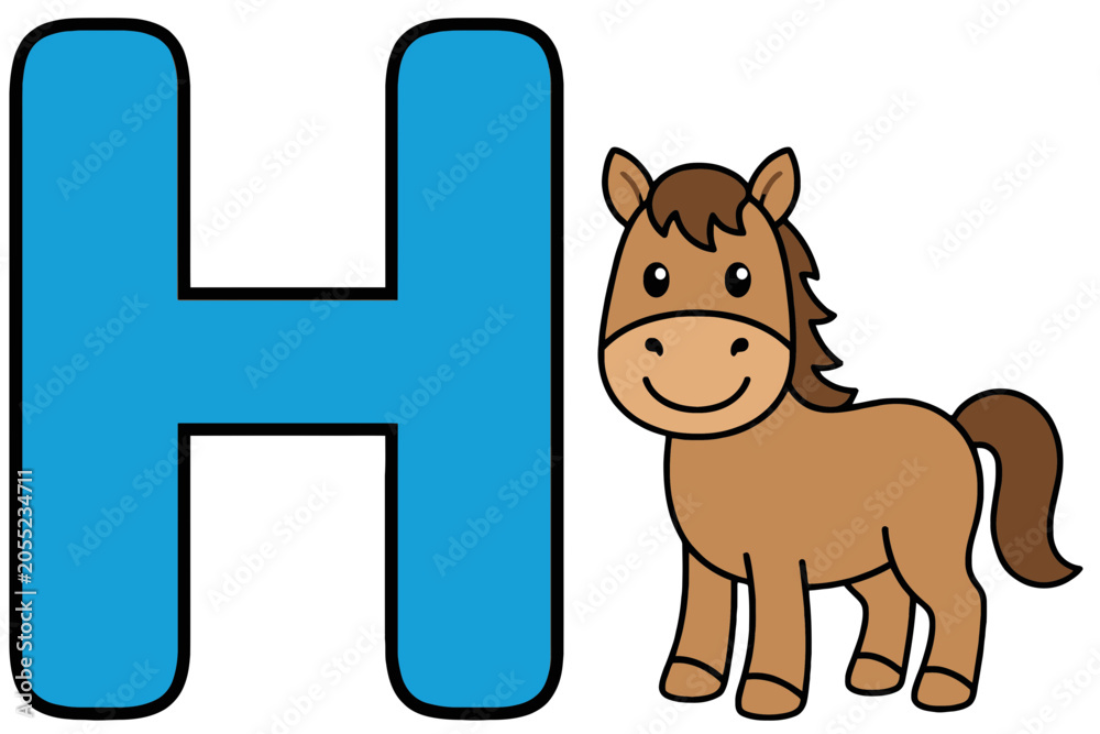 Obraz premium Cute Horse Illustration with Blue Letter H for Learning