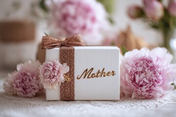 Elegant gold mom pendant necklace on a white gift box with silk ribbon. Luxury romantic background with fresh pink peonies and warm bokeh lights for Valentine's, Women's or Mother's Day. Copy space