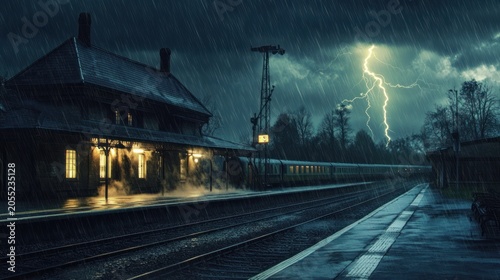 Rainy night at a train station, dramatic lighting.  A storm rages above