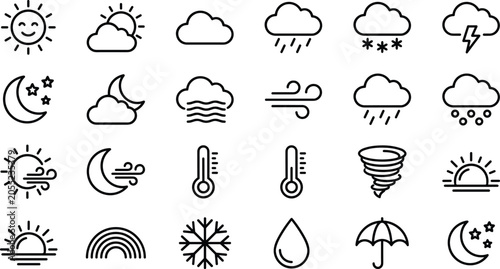 Tableau sur toile Weather forecast and meteorology line icon set with sun cloud rain snow storm th