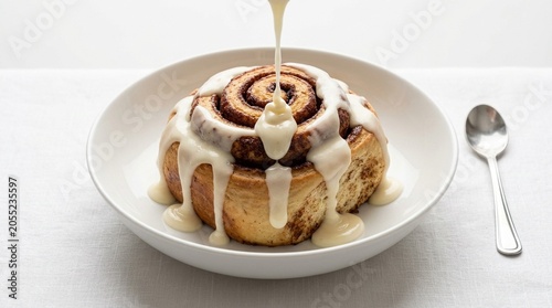 Schilderij op canvas Gooey Cinnamon Roll with Glaze Dripping Down – American Breakfast Pastry Stock I