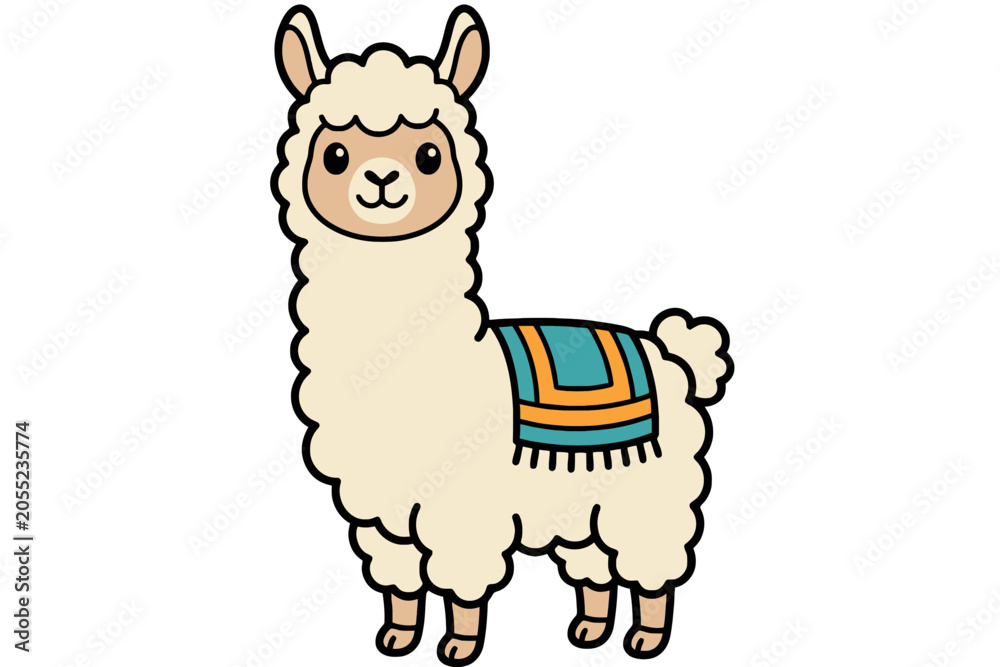 Fototapeta premium Cute Fluffy Llama Wearing a Colorful Saddle Standing Still