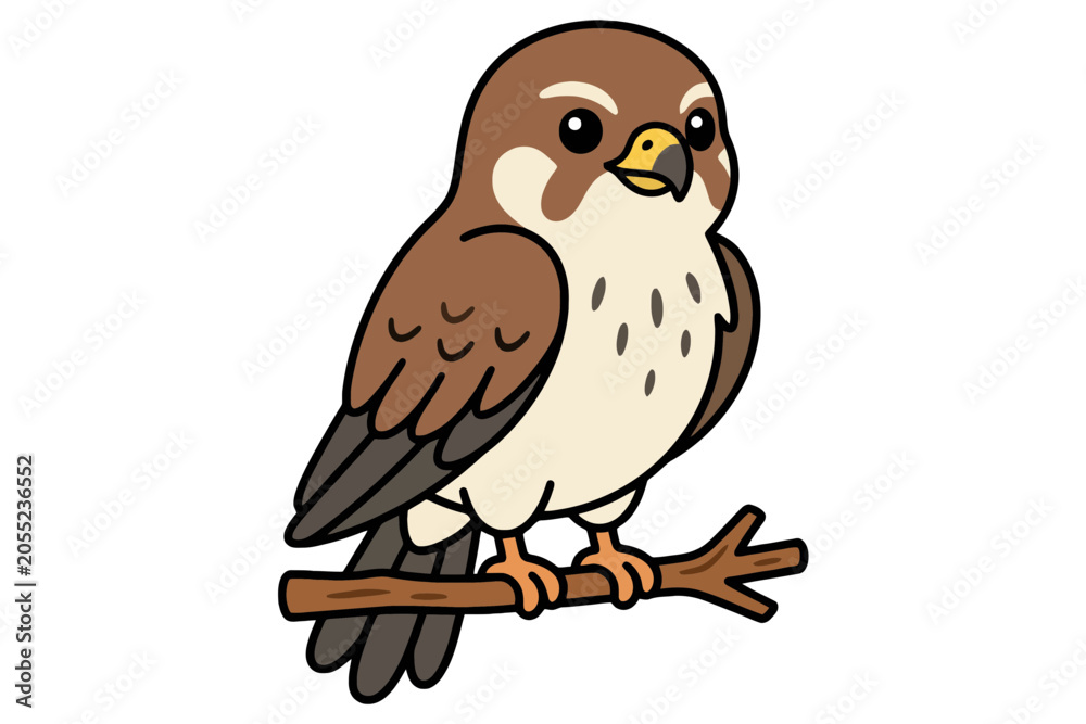Fototapeta premium Cute Cartoon Kestrel Bird Perched on a Branch Illustration
