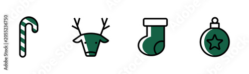 Christmas holiday line icons featuring candy cane, reindeer, stocking and ornament. Modern outline vector set