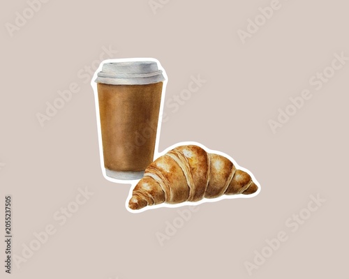 Watercolor coffee to go cup and French croissant sticker