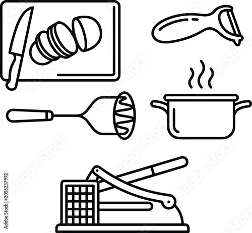 Slika na platnu Minimalist kitchen utensils line art vector icon collection set featuring potato
