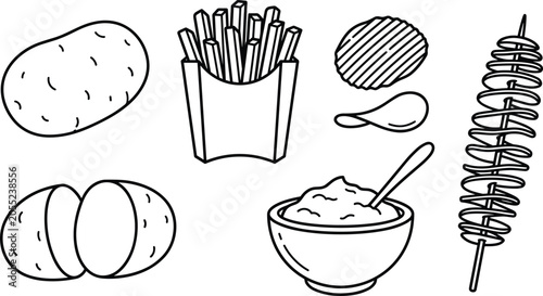 Foto Minimalist potato fast food snacks line art vector icon collection set with fren