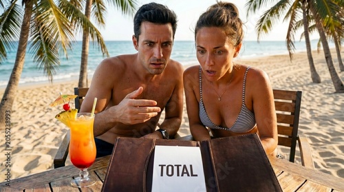 A shocked couple looking at an expensive restaurant bill illustrates financial Vacation stress during a trip.
