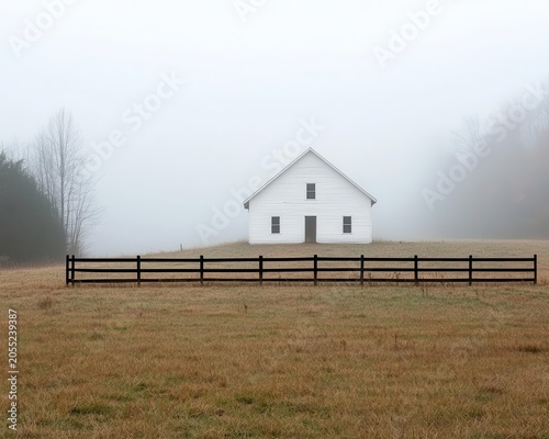 Windless morning mist over abandoned valley farm, haunting past still present