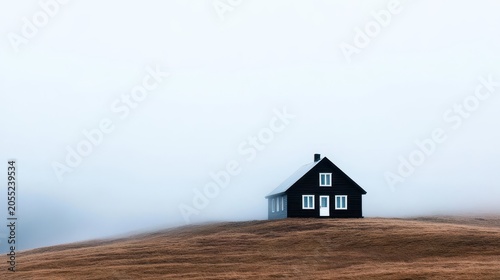 Abandoned cottage in misty valley, haunting atmosphere and faded color