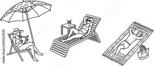 Canvas Print Minimalist summer beach relaxation line art vector illustration set featuring pe