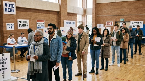 Diverse group of people waiting in line to cast their ballots at a polling station during an election day