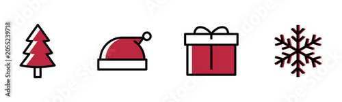 Christmas line icons set with Christmas tree, Santa hat, gift box and snowflake. Modern outline vector collection with festive red or green accents