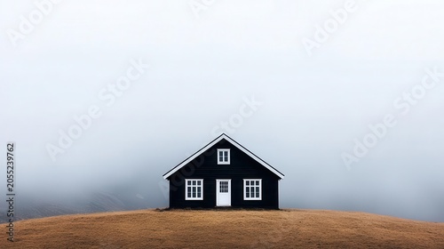Abandoned cottage in misty valley, haunting atmosphere and faded color