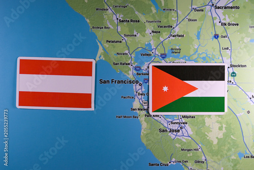 June 9, 2026, United States. Flags of the participants of the FIFA World Cup group stage of the national teams of Austria and Jordan on the background of the map of San Francisco.