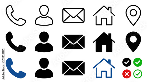 Modern Vector Contact Us Icon Collection Featuring Minimalist Outline and Solid Symbols for Phone User Mail Home Location Web Interface Design Communication Navigation UI Elements