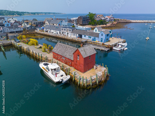 Фотография Rockport Harbor aerial view including Bearskin Neck and Motif Number 1 building in historic waterfront village of Rockport, Massachusetts MA, USA
