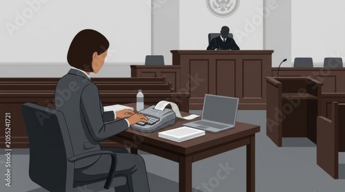 Court stenographer typing in a courtroom with a judge and furniture present