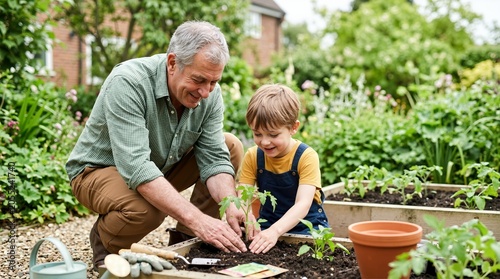 Grandpa showing child how to plant a seedling in a raised garden bed. Senior man and grandson gardening together in backyard. Intergenerational bonding and sustainable lifestyle concept