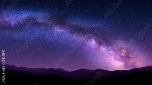 Brilliant purple and blue astronomical band stretches across the darkened nighttime horizon above silhouetted terrain.