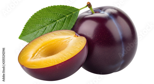 Ripe plums with leaf and halved fruit isolated on transparent background
