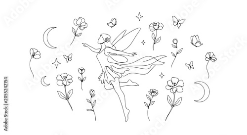 Foto Fairy flying with flowers and moons.