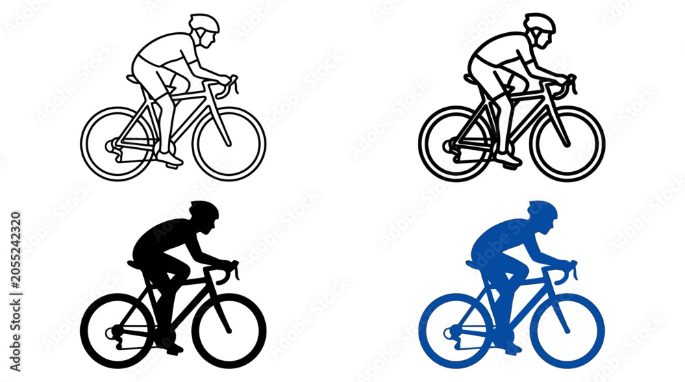 Fototapeta premium Collection of minimalistic bicyclist icons featuring men riding bicycles in various poses. Vector line illustration of urban transport, professional racing, and healthy lifestyle symbols on white.
