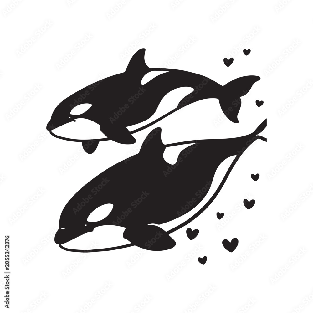 Fototapeta premium Two Swimming Orca Killer Whales Surrounded by Love Hearts Vector Design.