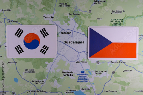 June 9, 2026, United States. Flags of the participants of the FIFA World Cup group stage of the national teams of South Korea and the Czech Republic on the background of the map of Guadalajara.
