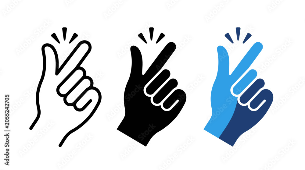 Fototapeta premium Human hand finger snap icon with thumb click gesture and spark symbol for instant idea concept, isolated minimalist vector illustration of a clicking signal on a white background.