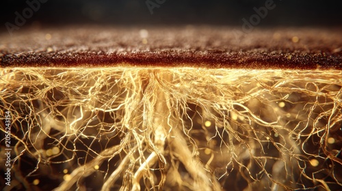Illuminated subsurface structure displays intricate network of dense fibrous material below dark earth layer