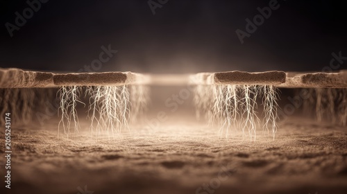 Detailed microscopic view depicts illuminated root structures penetrating a dense substrate layer