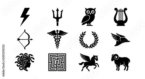 Foto Ancient Greek Mythology Icons Set: Gods, Symbols, Creatures, Vector Graphics for