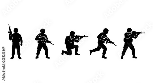 Quadro su tela Military Soldiers Silhouette Set, Armed Forces Action Poses, Infantry Combat Fig