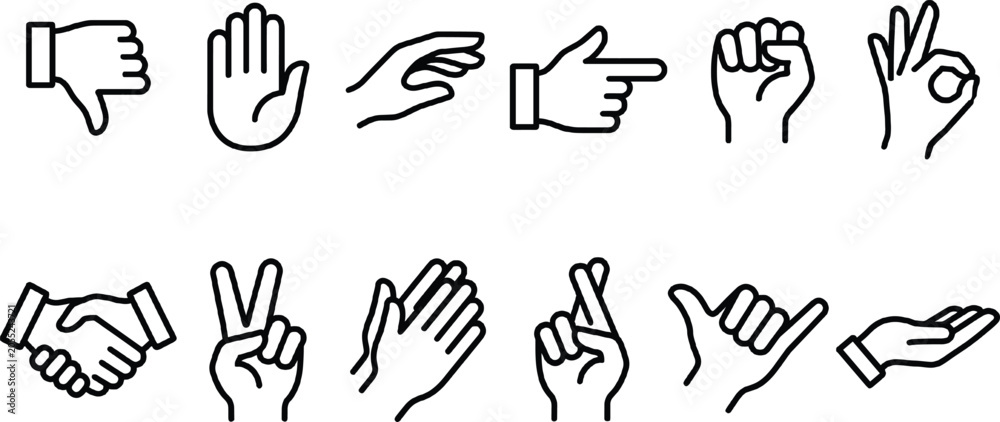 Fototapeta premium Minimalist hand gesture line art vector icon set featuring thumbs down handshake victory fingers crossed and okay signs
